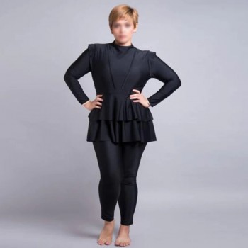 3 Pieces Plus Size Muslim Swimwear 2021 Whole Black Ruffle Burkini With Bra Padding Swimsuits Women